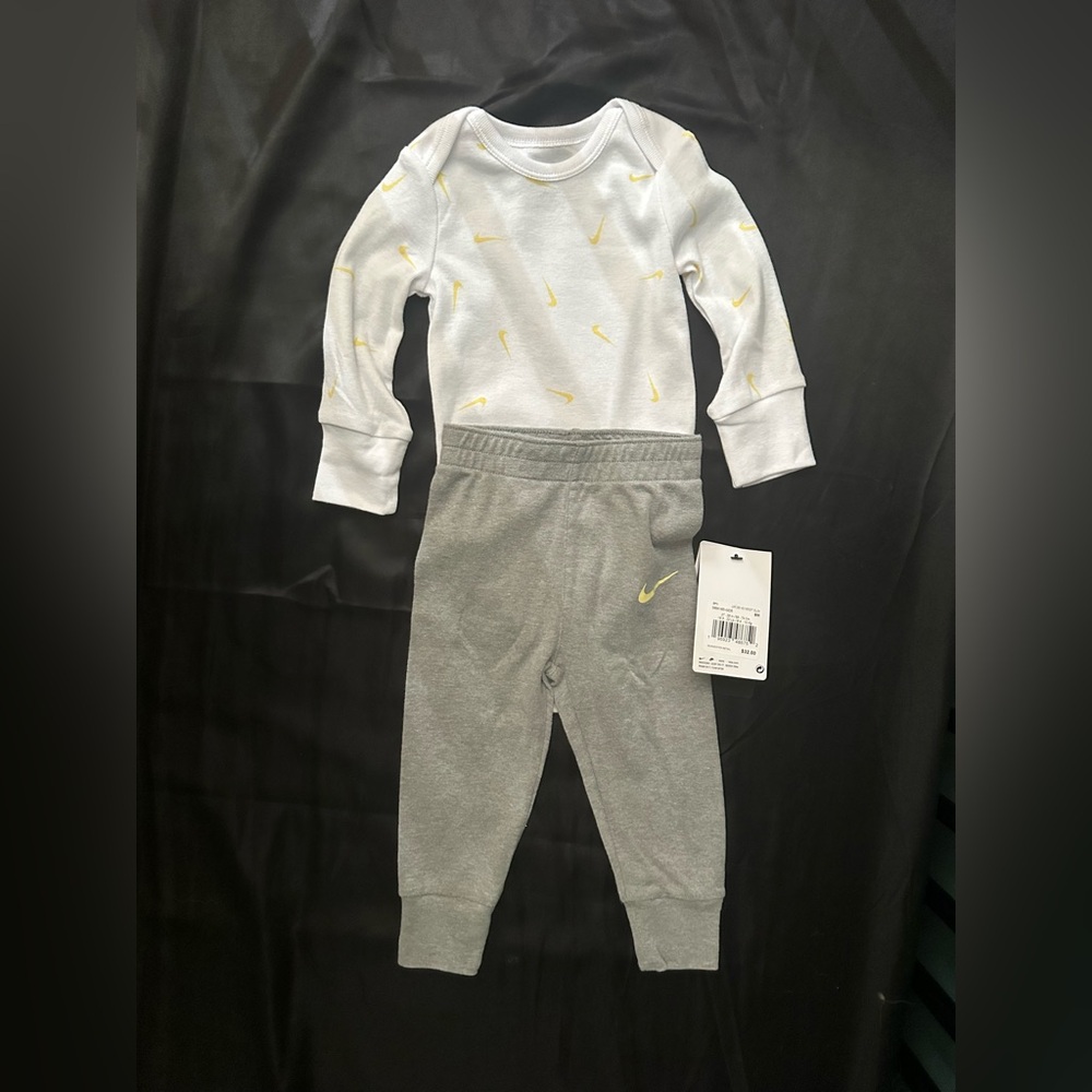 Nike Kids' White and Yellow Top with Gray Joggers